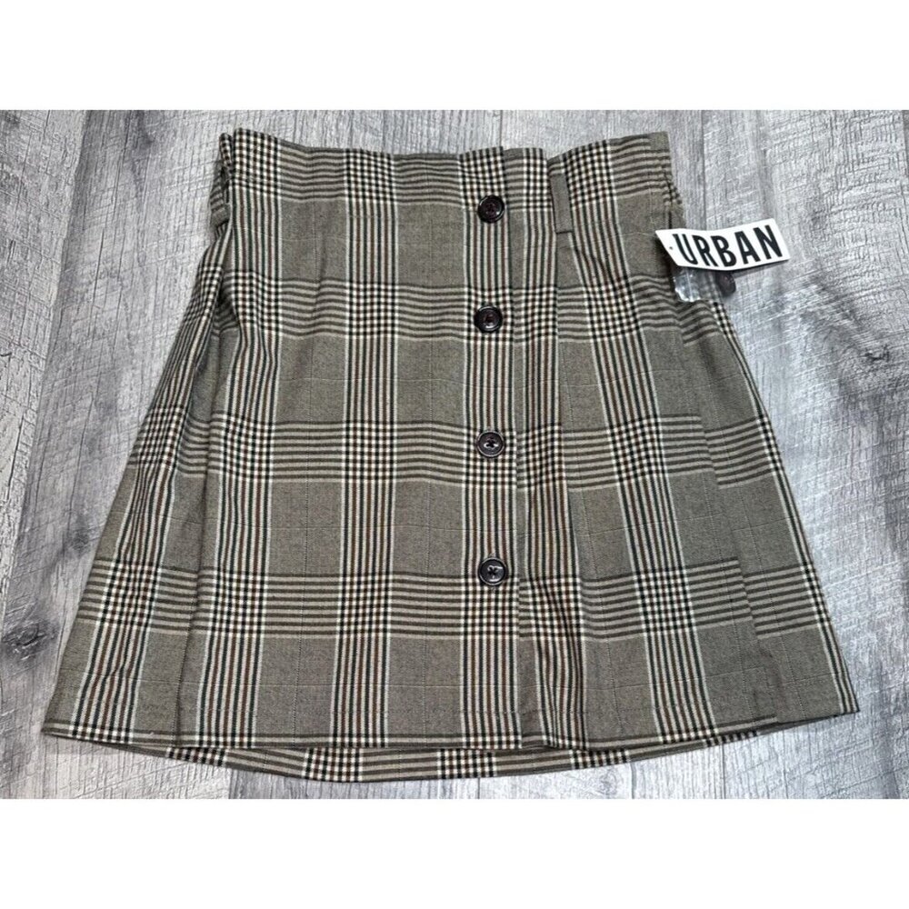 Urban Outfitters Skirt Medium Tan Plaid Button Pleated Mini School Academia NEW